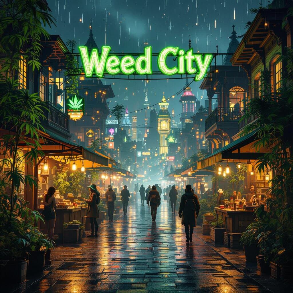 Cyberpunk Weed City At Night in Realistic Comic Style
