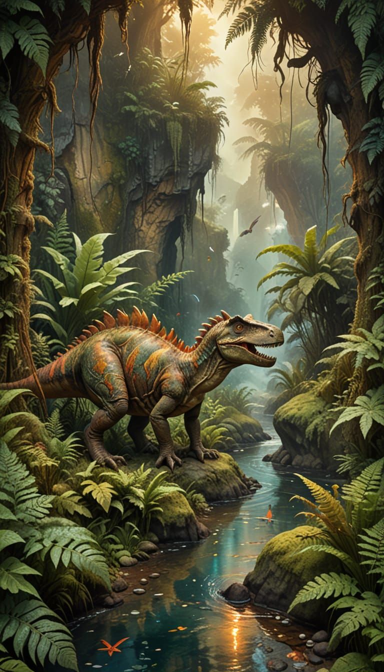 Dinosaur in Lush Forest: Surrealist Painting