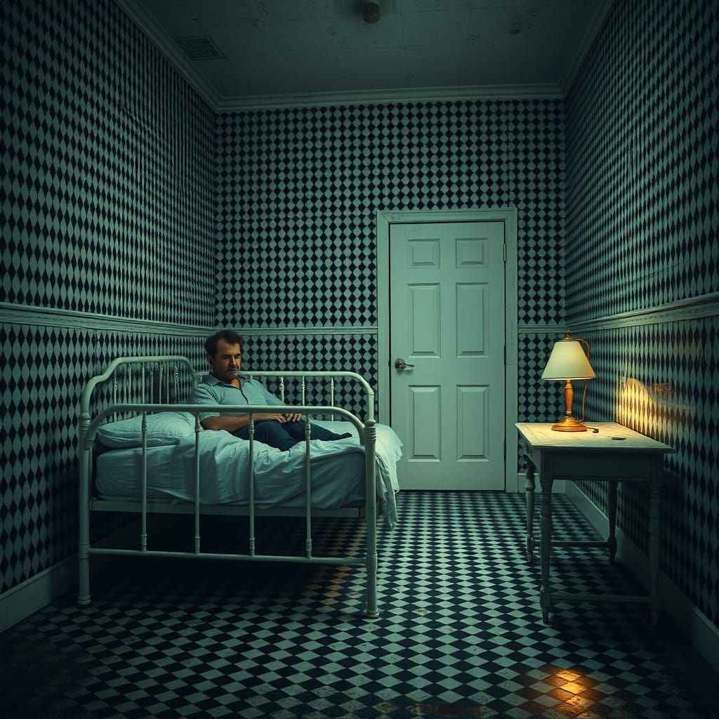 Moody Asylum Scene with Gingham Walls