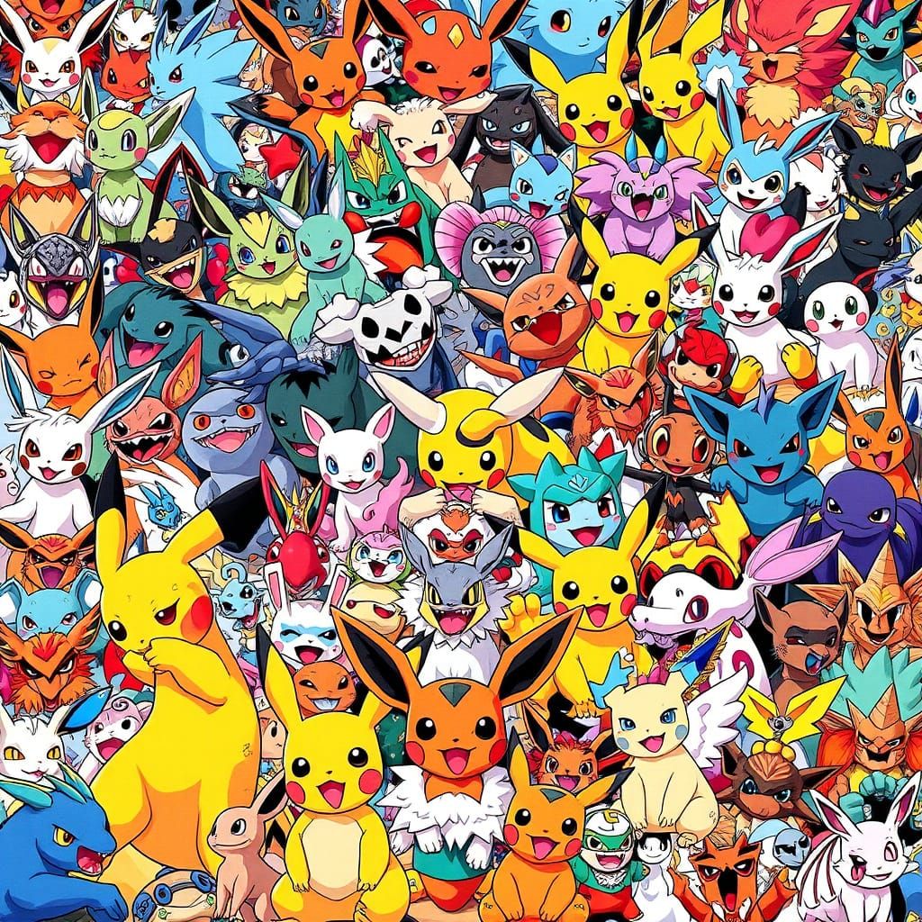 Comprehensive Pokémon Collage in Pop Surrealist Style