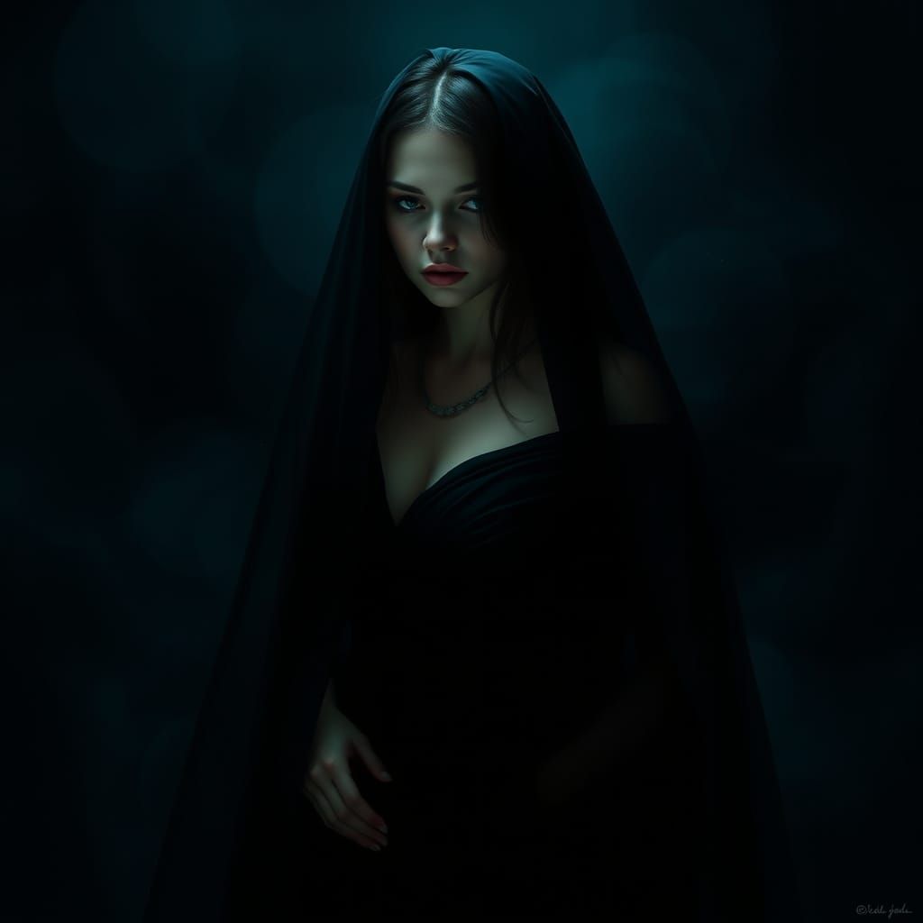 Woman in Black Dress Amid Eerie Darkness