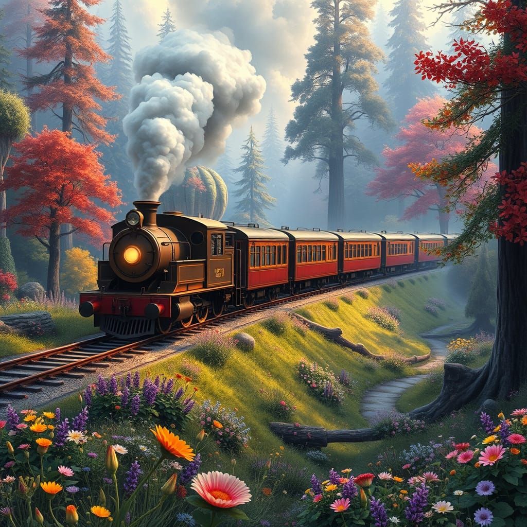 Whimsical Fairy Tale Train Ride in a Vibrant Forest