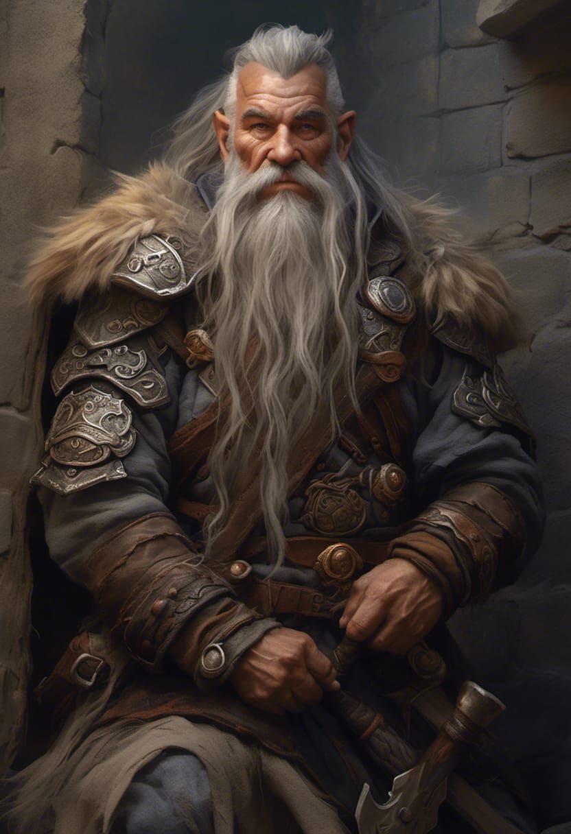 Hyperrealistic Old Dwarf Chieftain on Castle Wall
