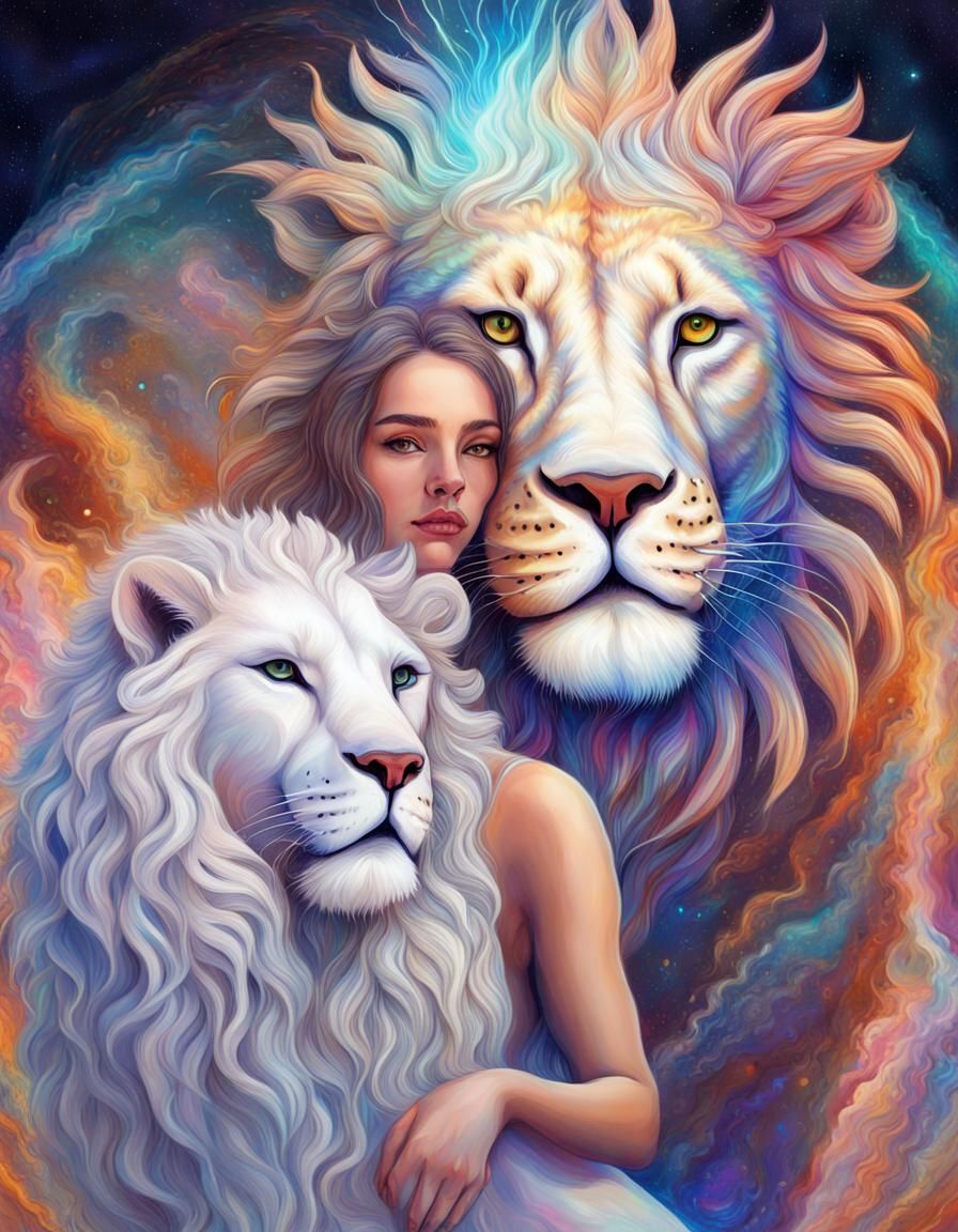 Woman and Lion Guardian in Cosmic Art Style