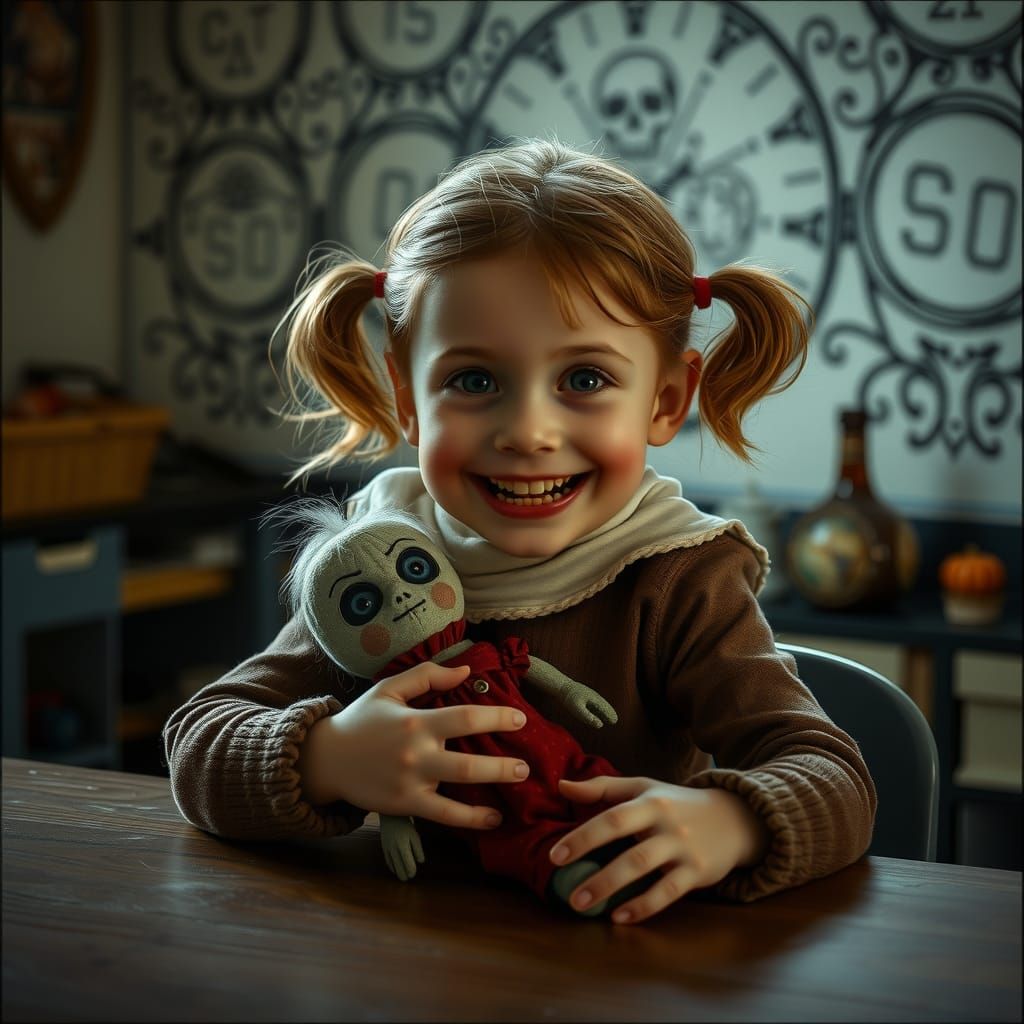 Creepy Cute Girl with Doll in Gothic Preschool