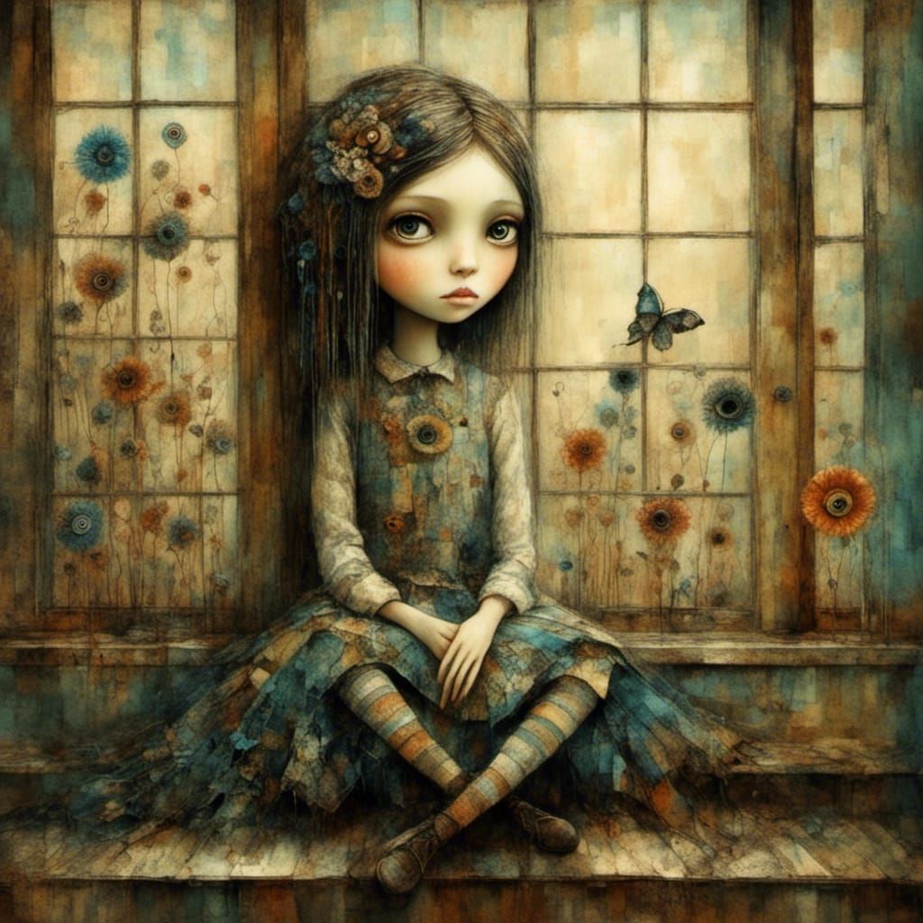 Expressive Portrait of Bored Girl in Art Brut Style