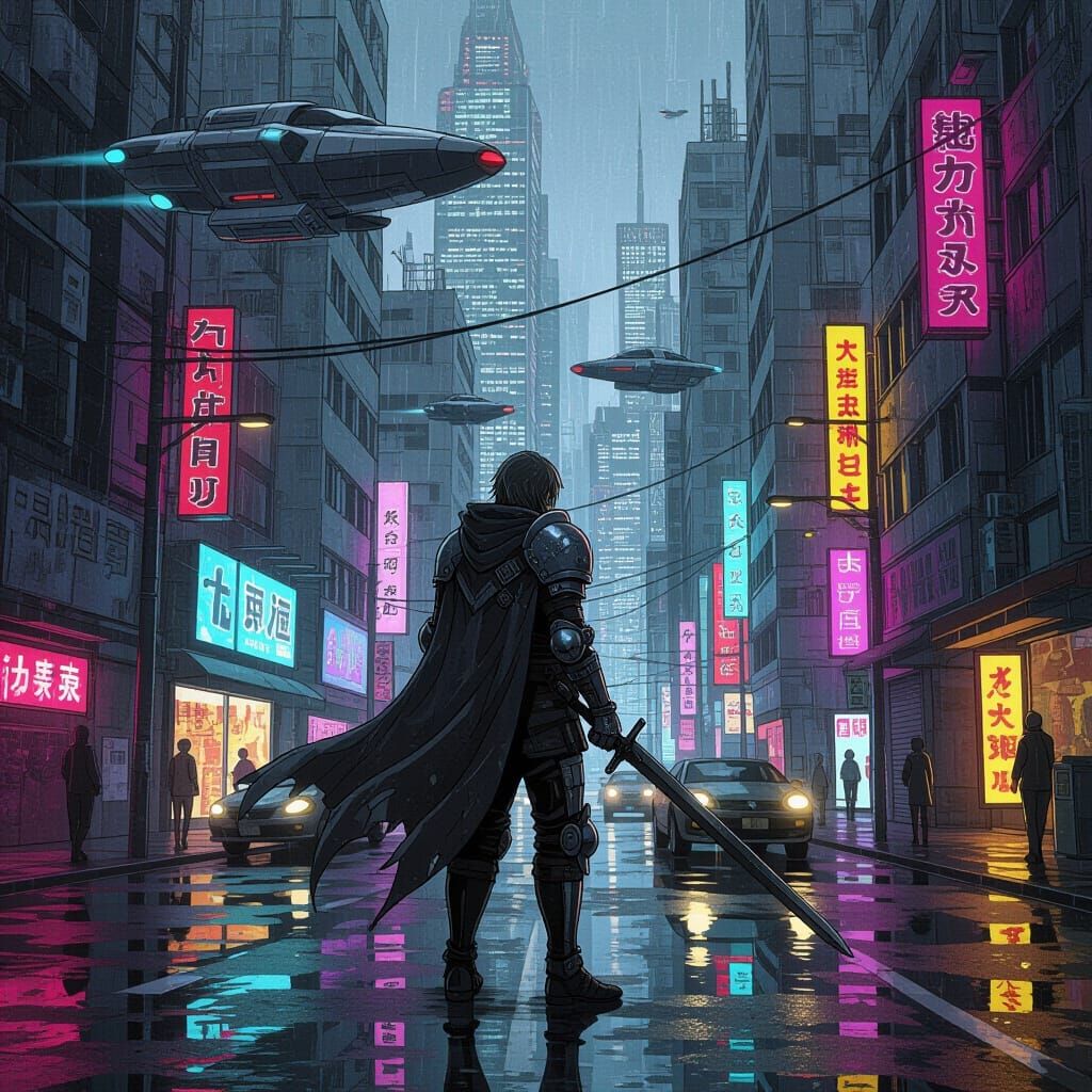 Lone Knight in Gritty Cyberpunk Cityscape