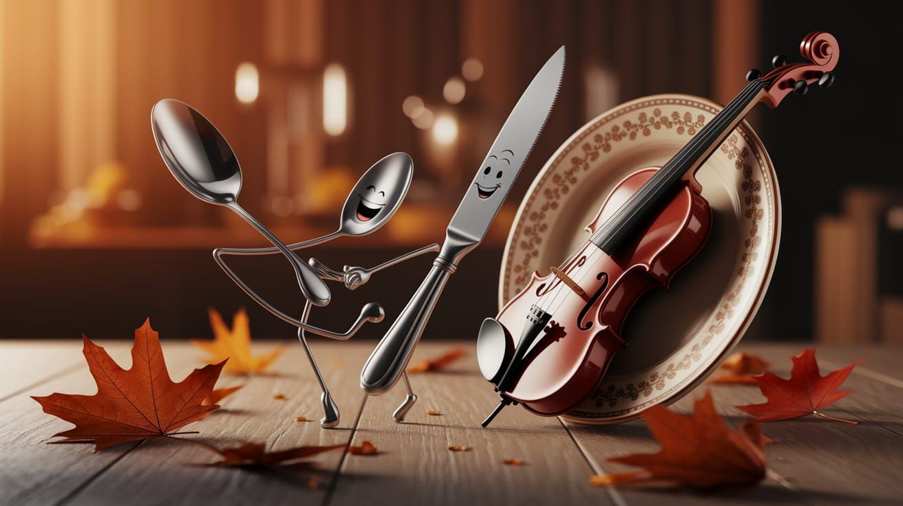 Dancing Kitchen Utensils with Violinist Plate in Golden Ligh...