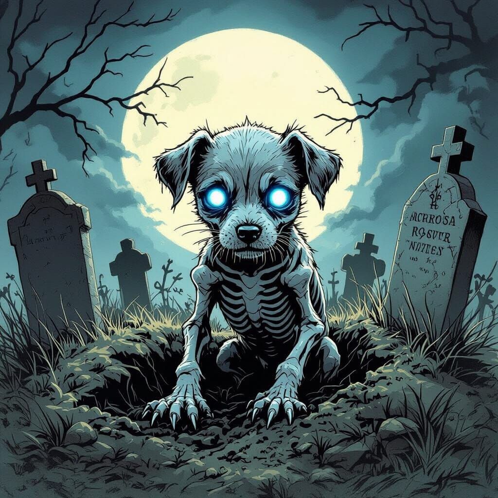 Skeletal Puppy Rises From Grave in Gothic Fantasy Art