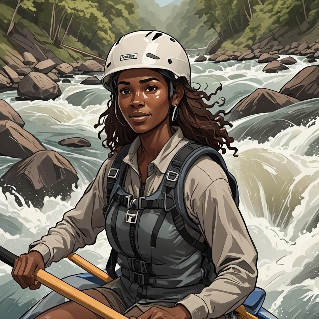 Cartoon Woman White Water Rafting Adventure