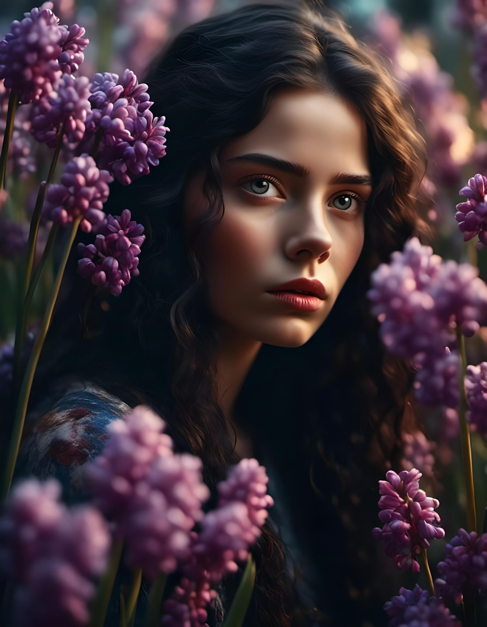 Hyperrealistic Portrait of Woman with Hyacinths