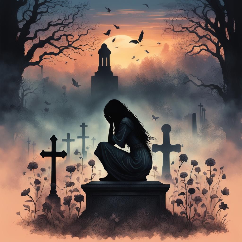 Grieving Woman Silhouette at Sunset Gravestone