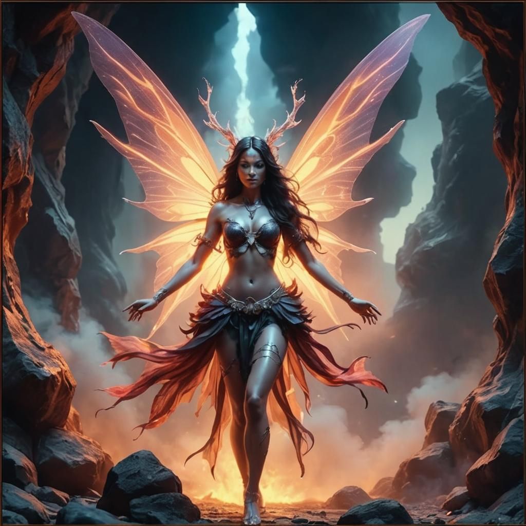 Surreal Dark Fantasy Goddess with Radiant Wings in Smoky Bar...