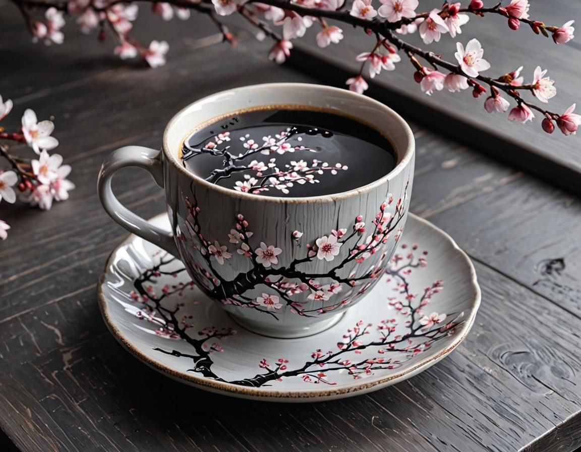 Cherry Blossoms Overflowing from Coffee Cup
