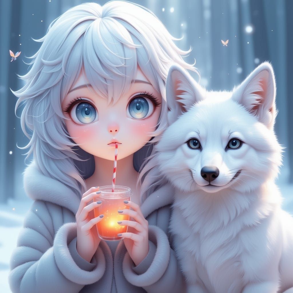 Arctic Fox and Human Enjoying Bubble Tea in Snow