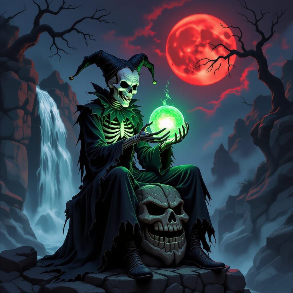 Skeletal Jester on Stone Golem Under Crimson Moon