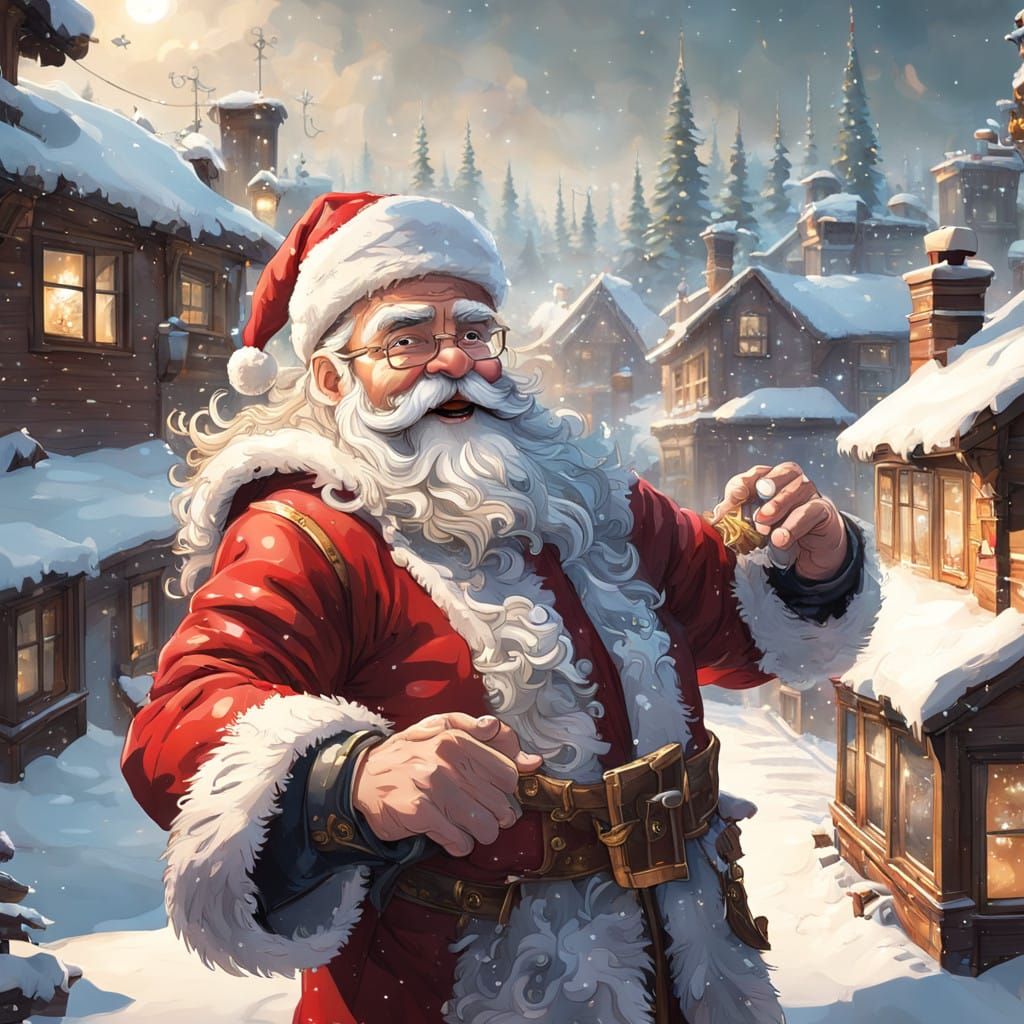 Dashing Santa Dances on Snowy Rooftop in Vibrant Red Suit