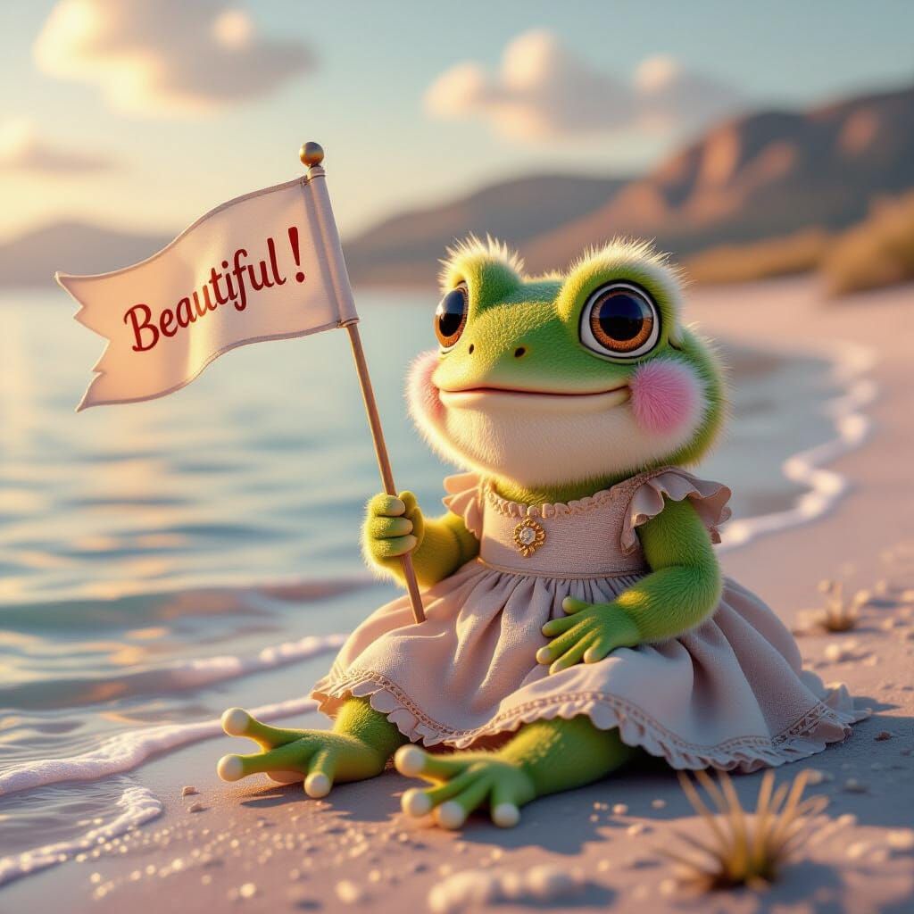Cute Frog Lina Holds 'Beautiful!' Flag by Salt Lake