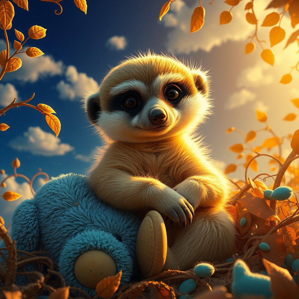 Baby Meerkat Snuggled with Teddy Bear