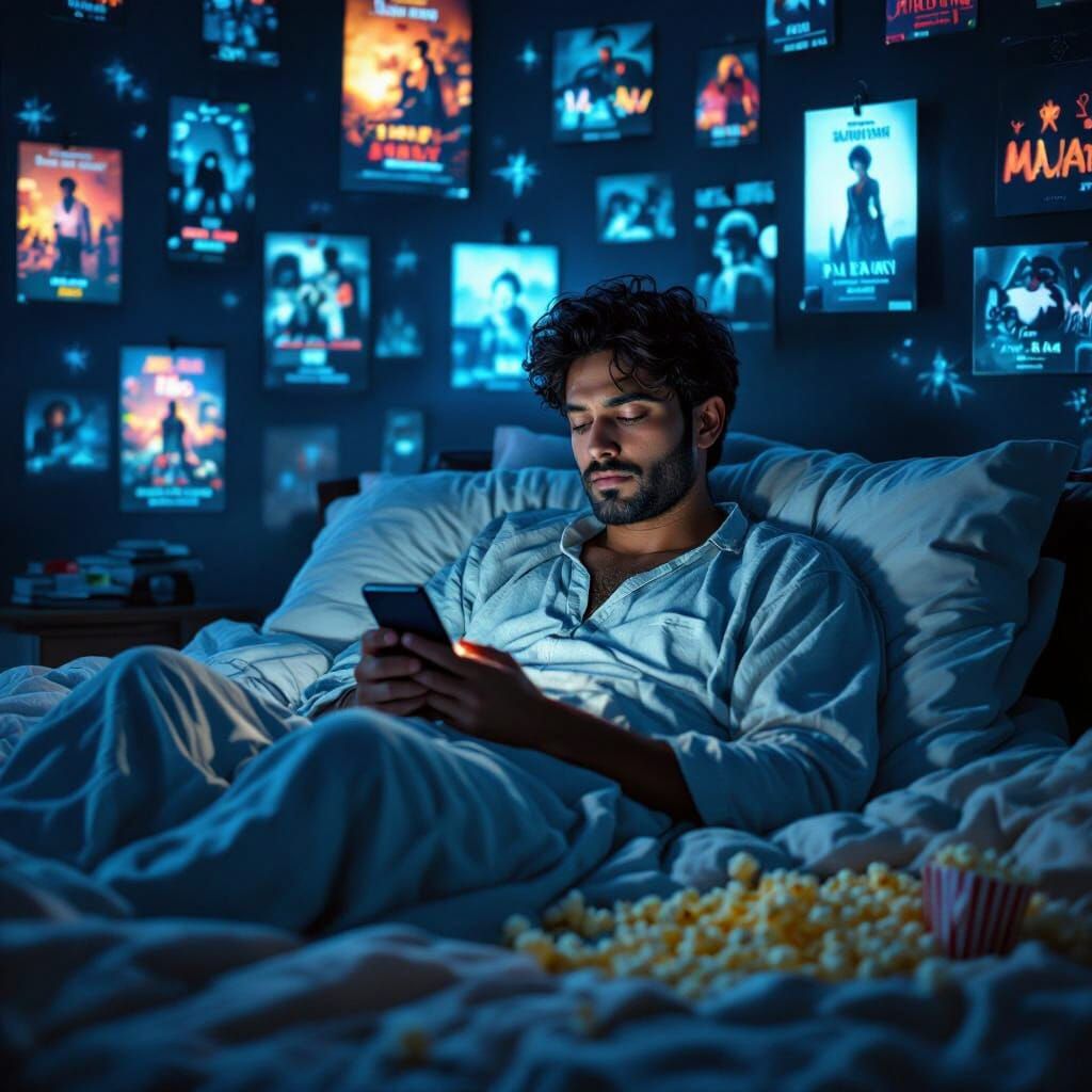 Restless Night: Man Scrolling in Bed with Neon Glow