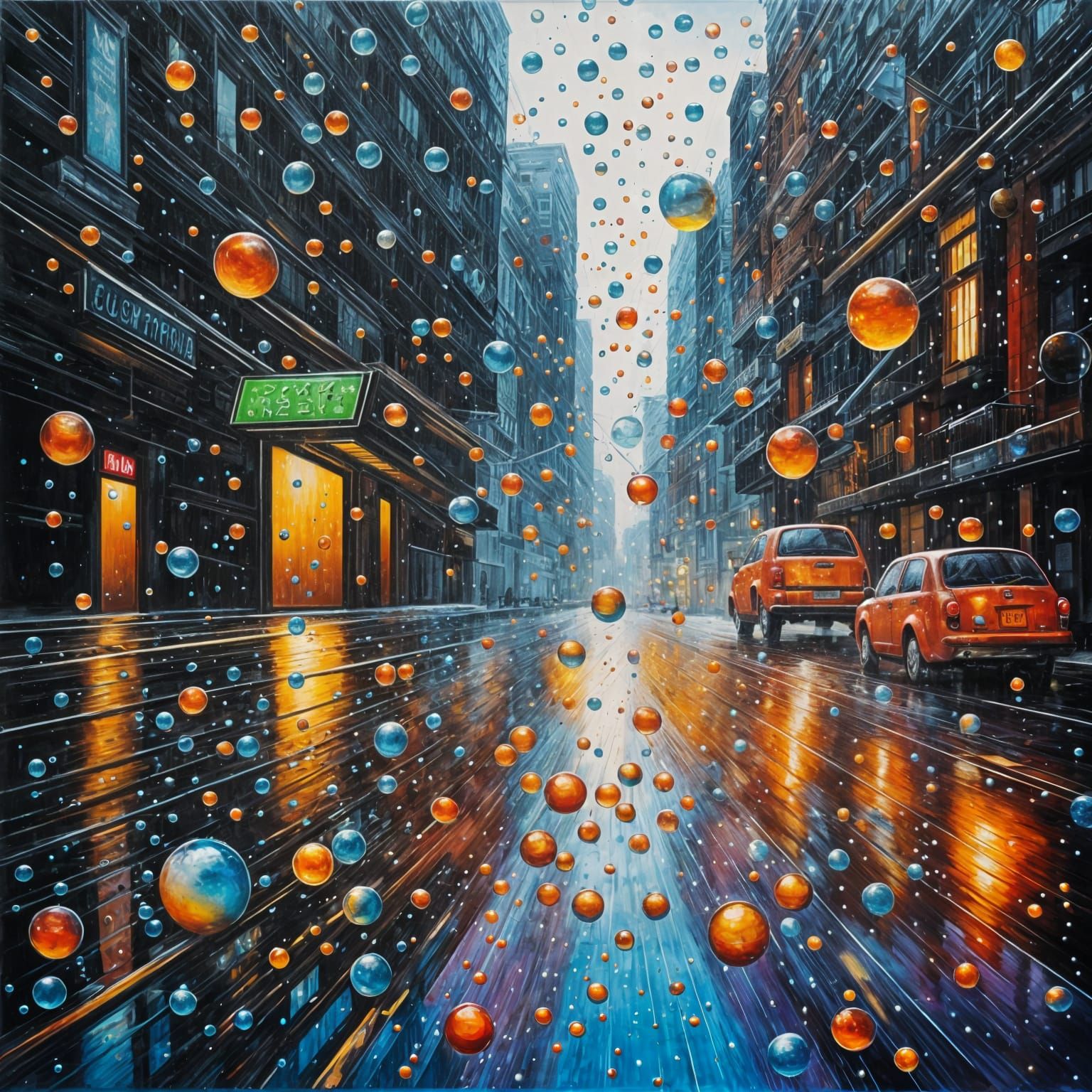 Surreal Cityscape at Night with Fizzy Rainfall