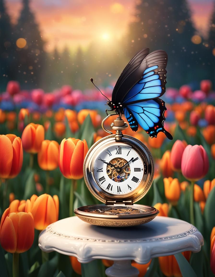 Ulysses Butterfly on Steampunk Watch in Spring Tulips