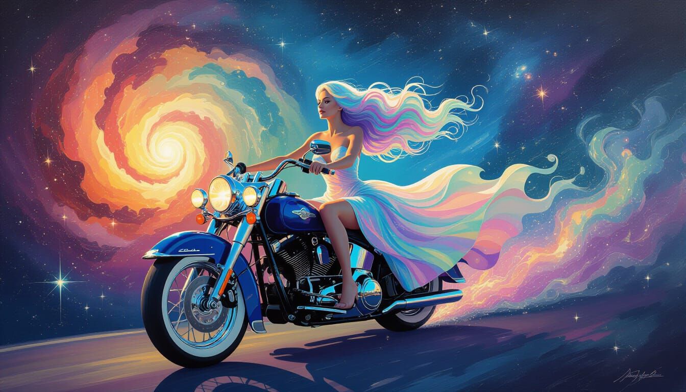 Cosmic Rider on Vintage Motorcycle in Nebula