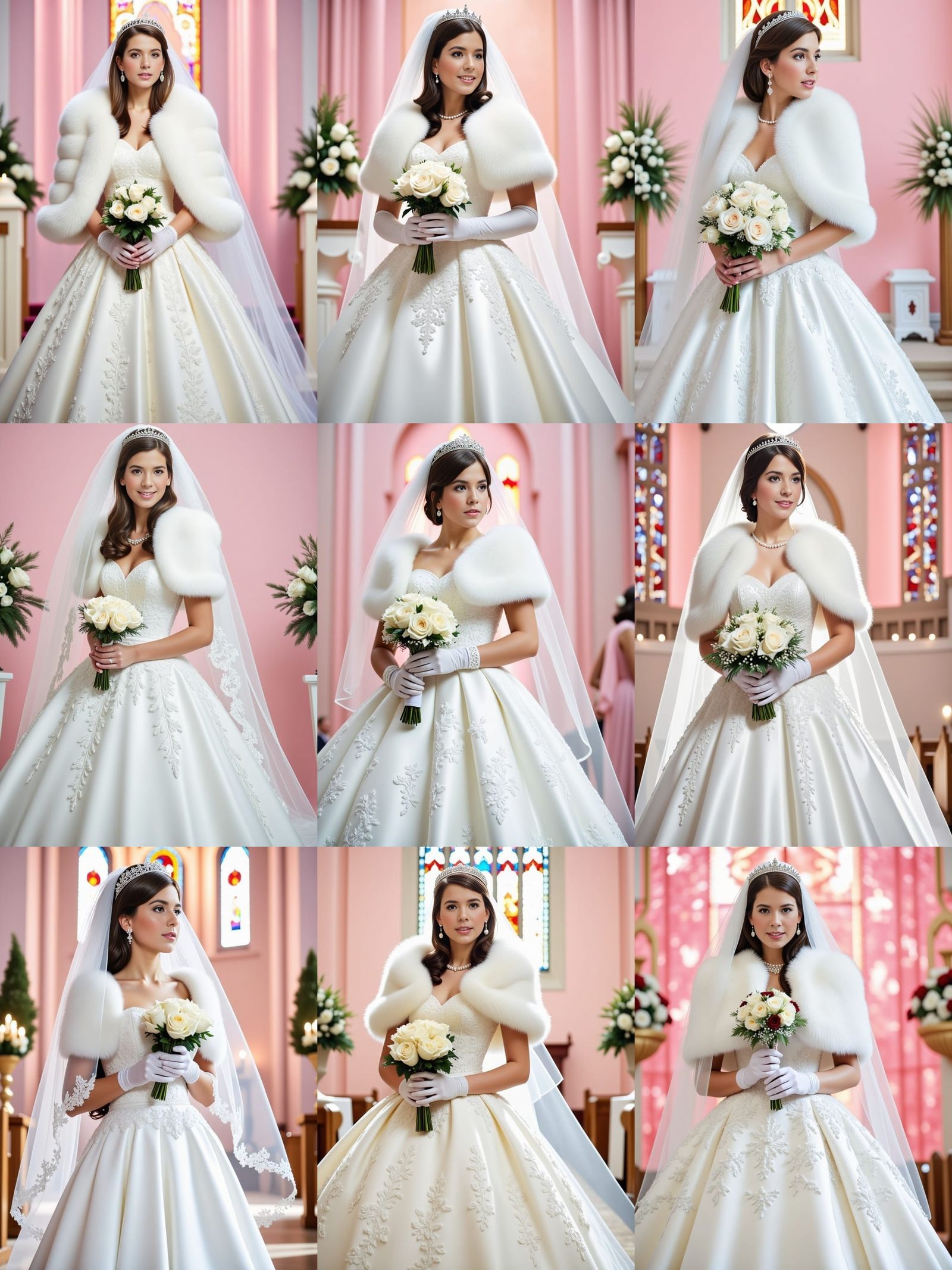 Bride in White Satin and Tulle Wedding Gown