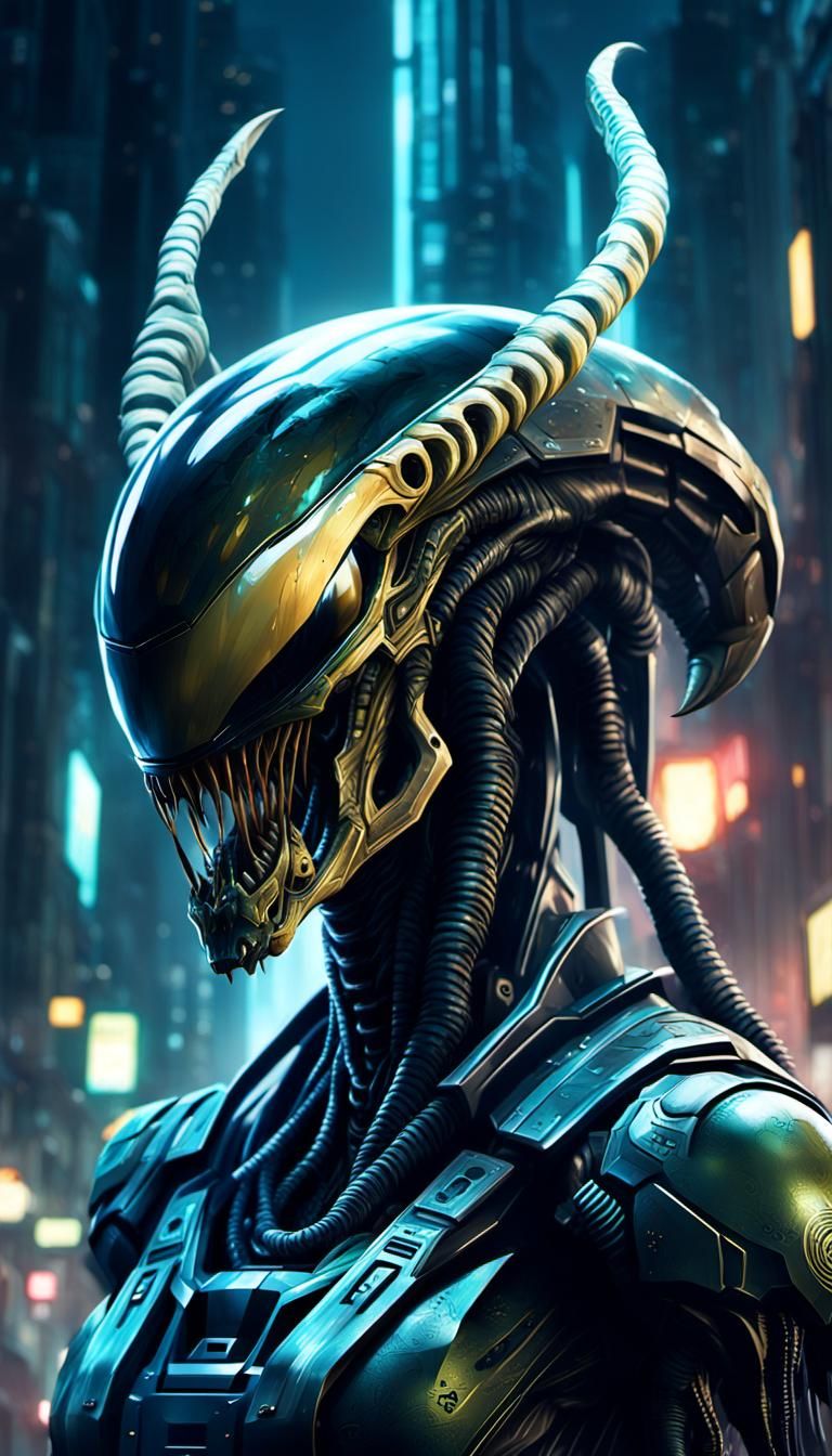 Cybernetic Xenomorph Portrait in Cyberpunk Style
