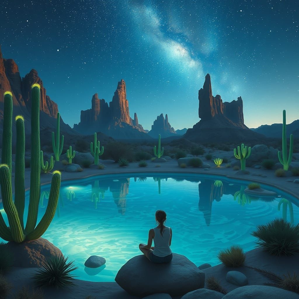 Hidden Desert Oasis Reflecting Starry Sky