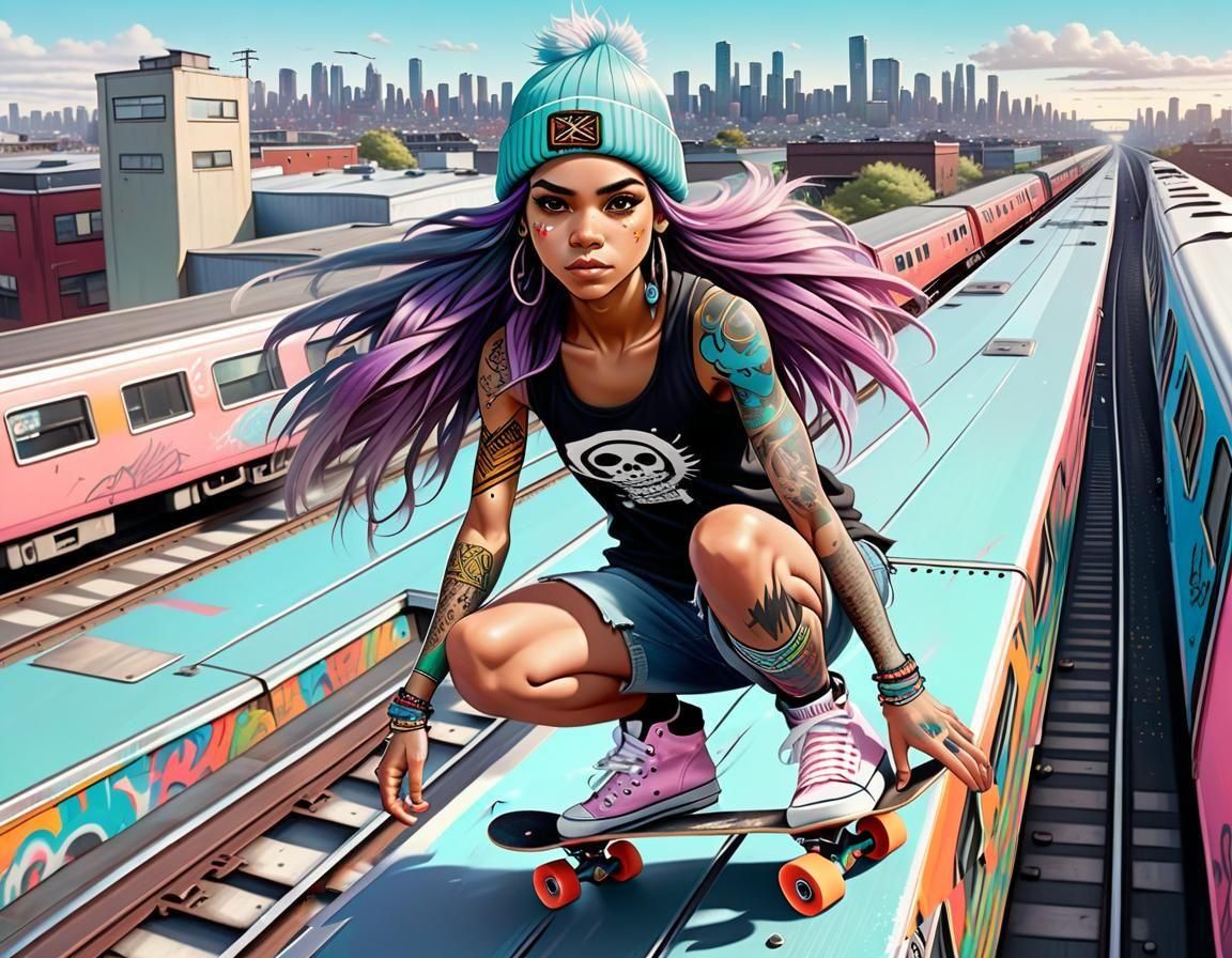 Biopunk Skater Princess on Train, Manga Style