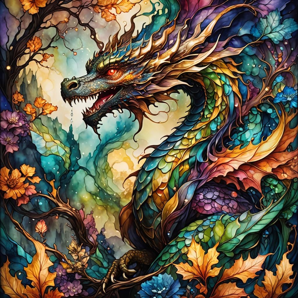 Fantasy Dragon in Stained Glass Style