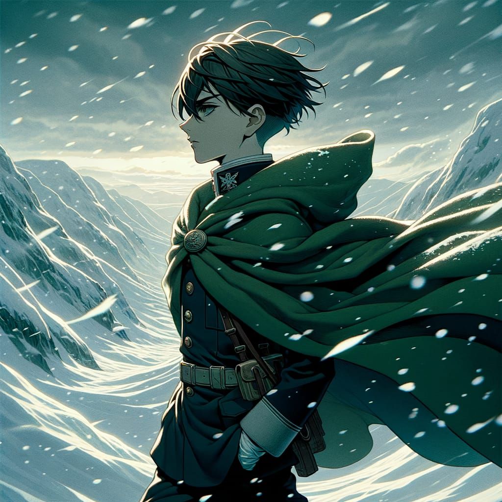 Stoic Soldier in Snowy Mountain Trail Anime Illustration