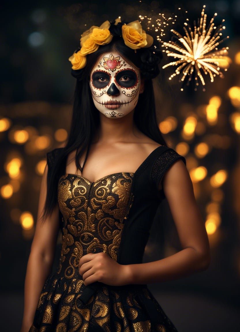 Day of the Dead Girl in Black and Gold Dress