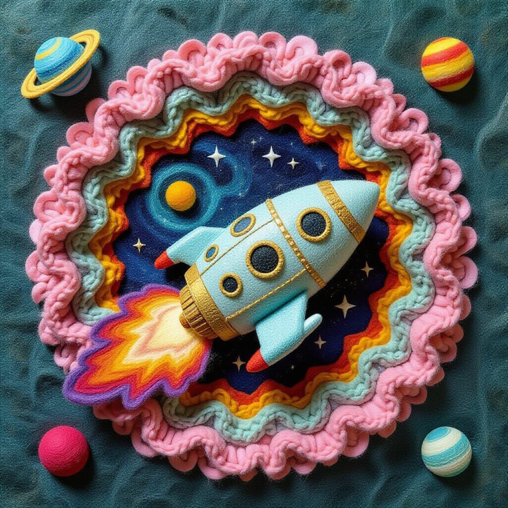 Needle-Felted Spaceship Emerges from Galaxy Portal