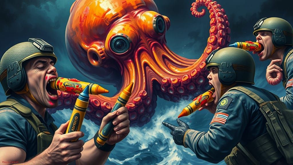 Vibrant Marines Launch Colorful Crayon Projectiles at a Dark...