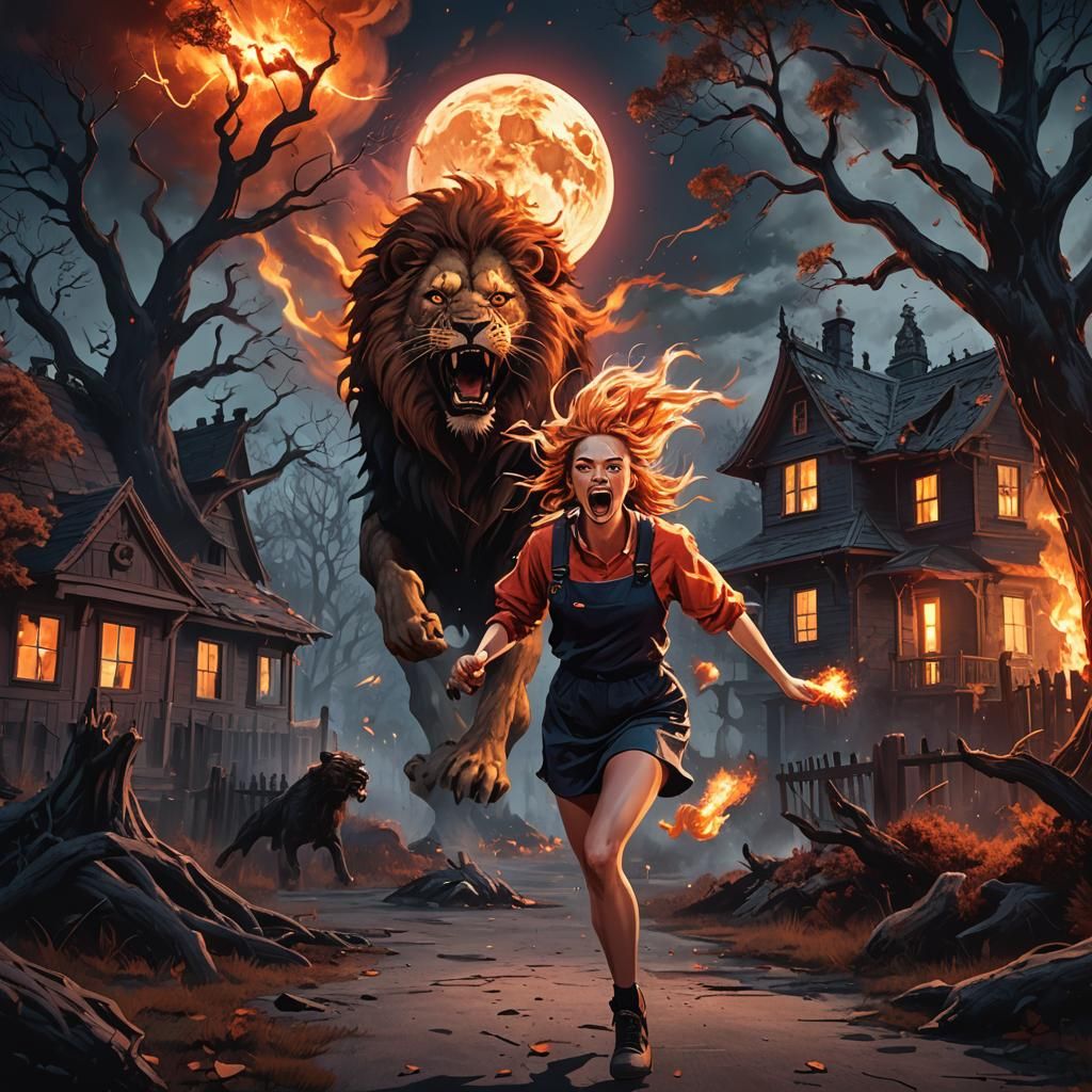 Fantasy Horror: Girl Runs from Lion in Burning Landscape
