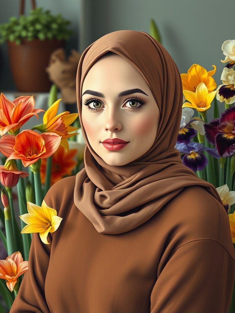 Swedish Florist in Earth-Tone Hijab, Standing Amidst Vibrant...
