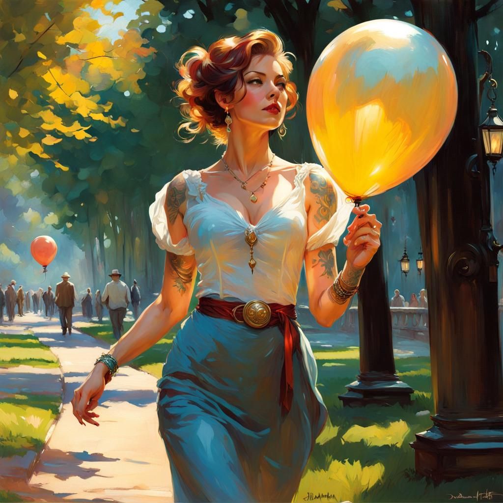 Tattooed Woman with Balloon in Park: Digital Illustration
