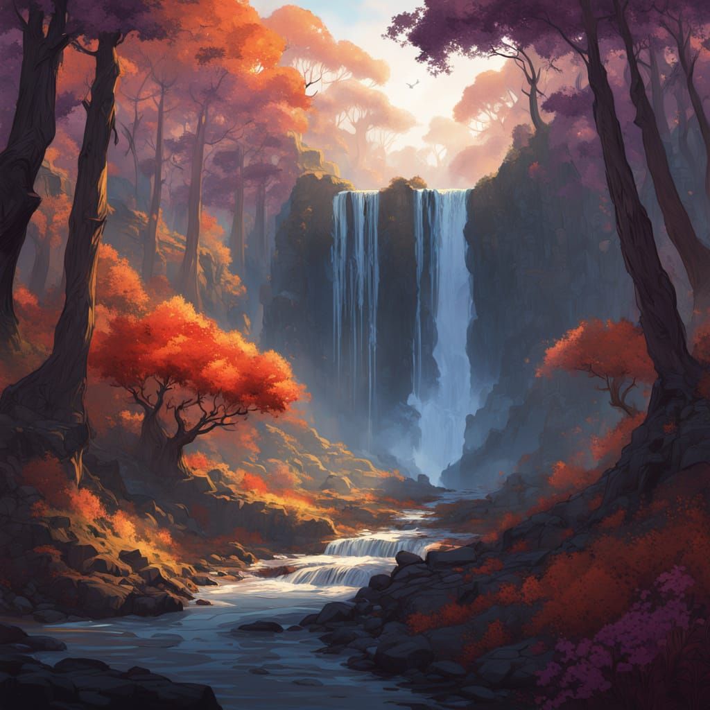 Dark Fantasy Forest Waterfall at Dawn in Doré Style