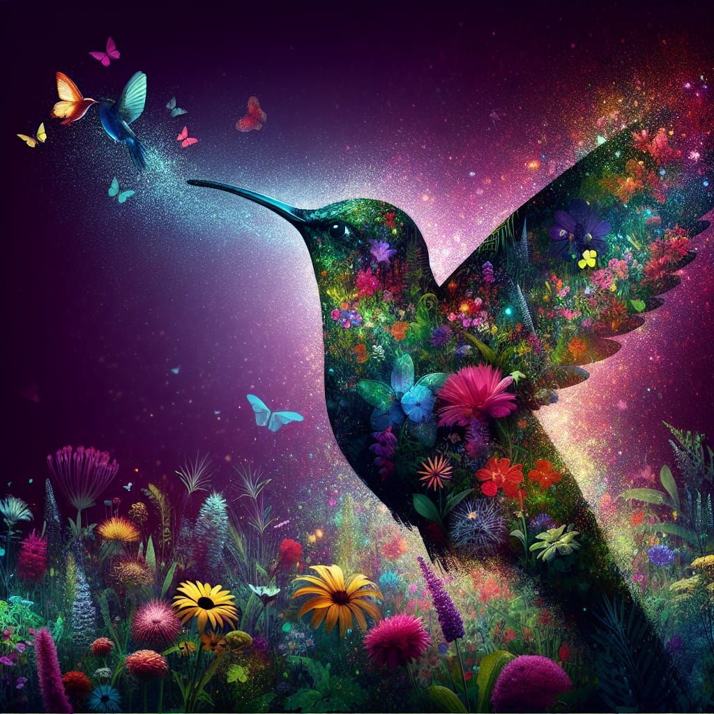 Hummingbird Silhouette Filled with Vibrant Garden