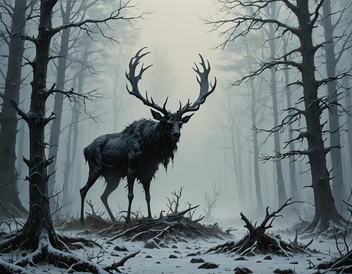 Cadaverous Wendigo Stalks from Foggy Treeline