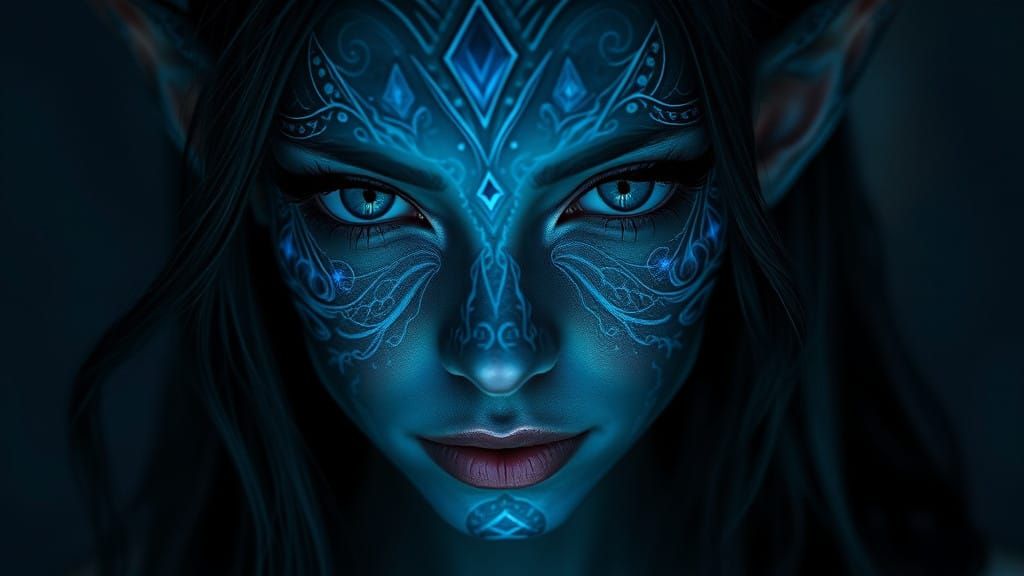 Hyper-Realistic Dark Elf Female with Bioluminescent Skin and...