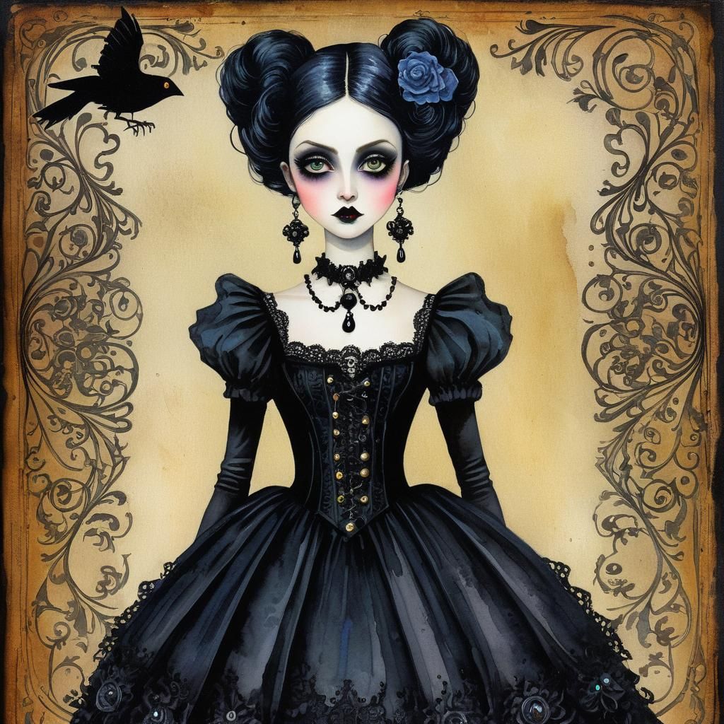 Gothic Woman in Tchotchke Dress, Watercolor Style