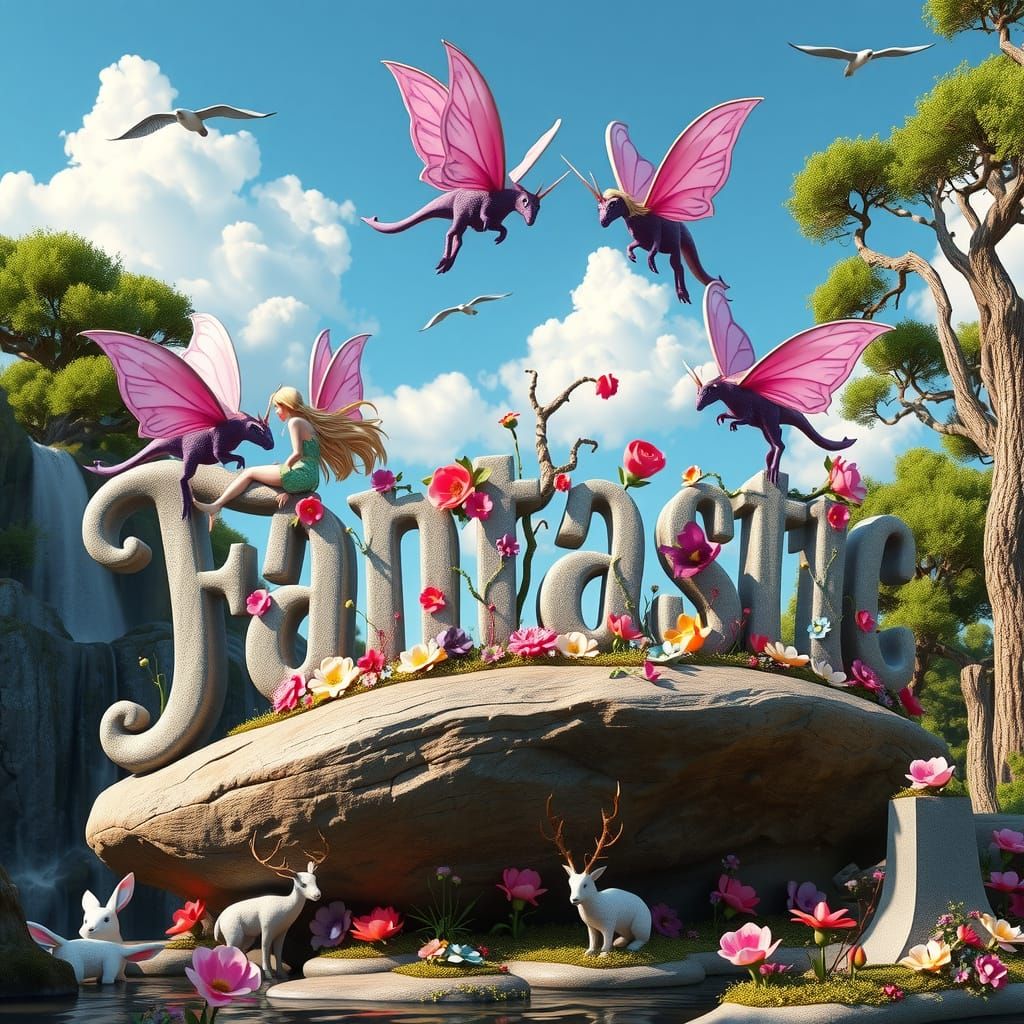 In a vibrant 3D render, the word "Fantastic" in thick, fancy, ornate curly Gothic font   carved out of stone and covered...