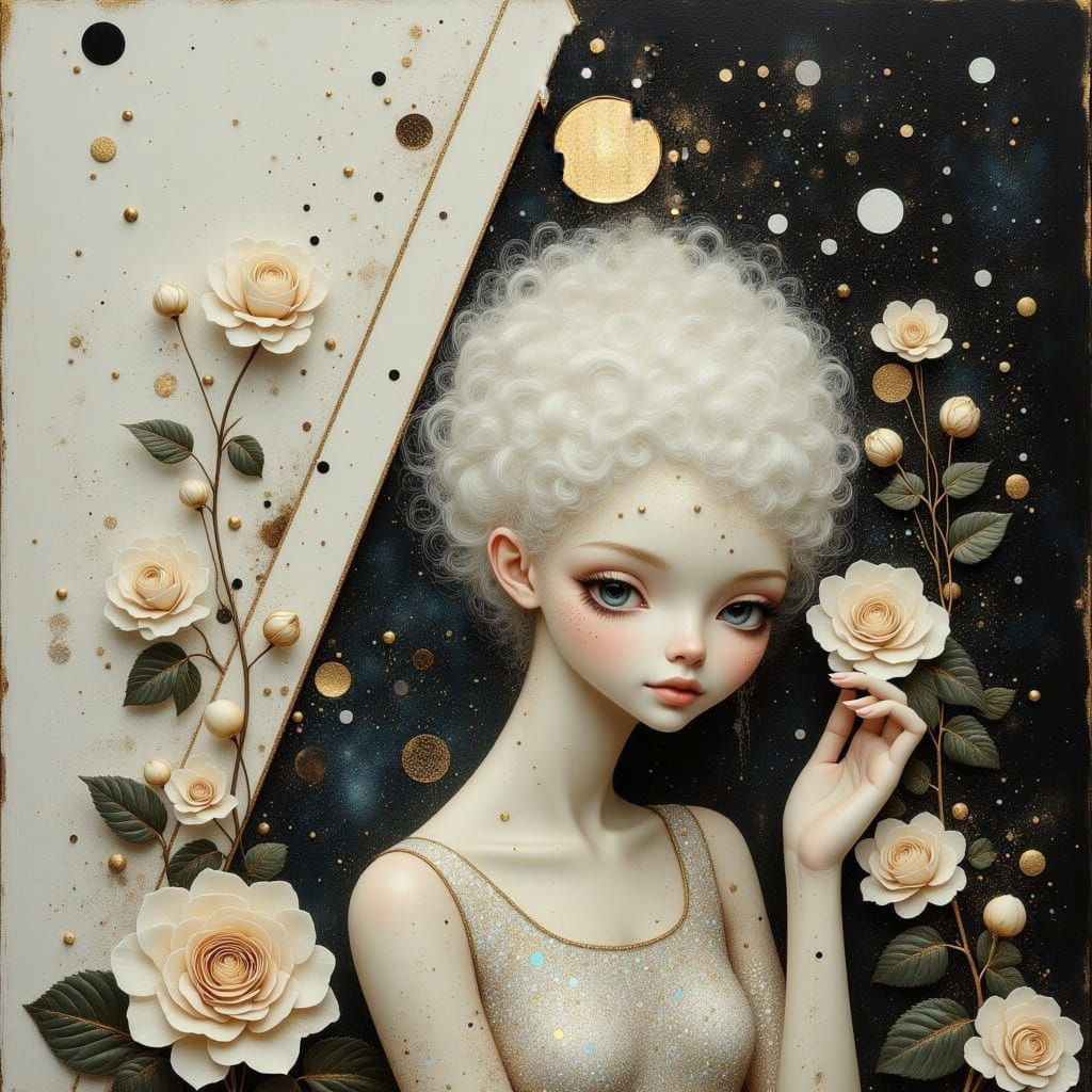 Albino Woman with Rose in Dreamy Oil Painting Style