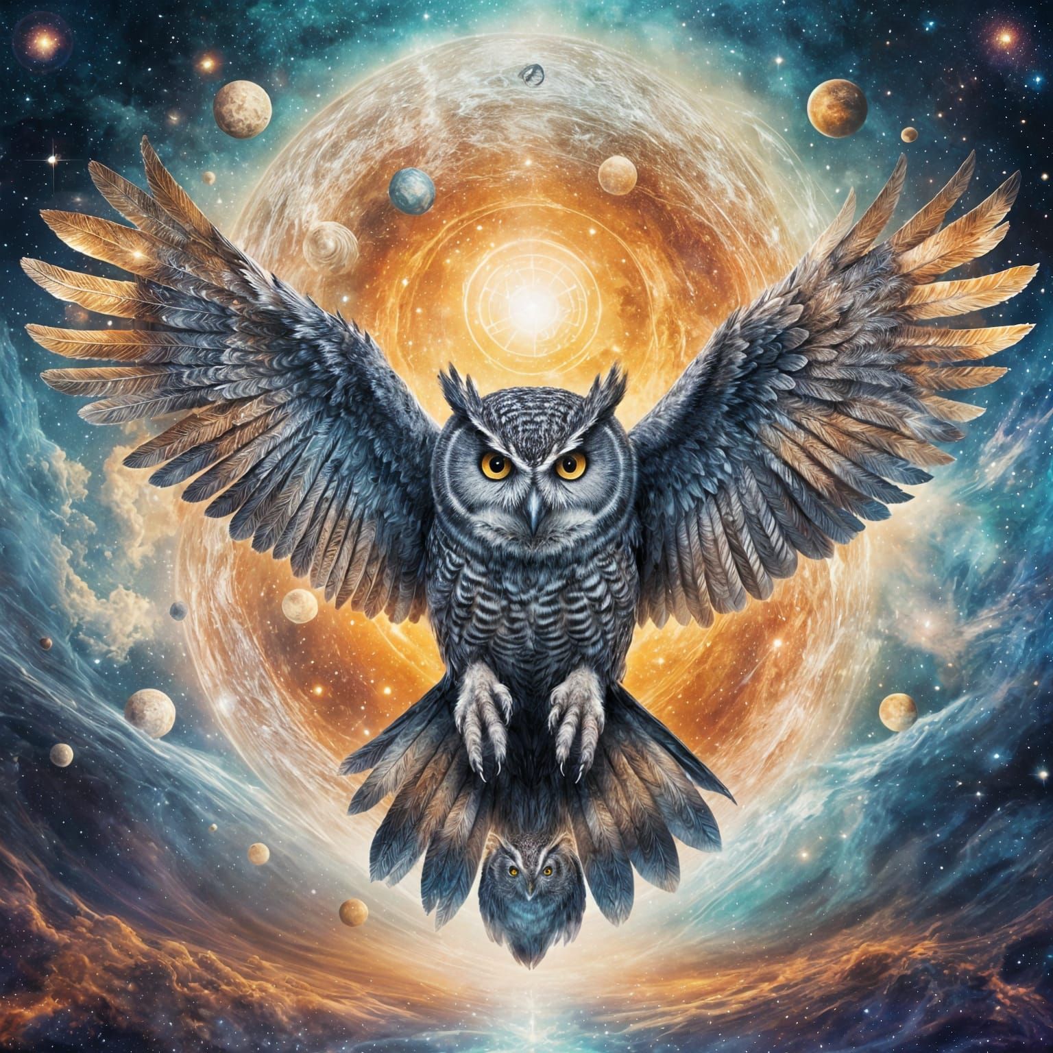 Clockwork Owl Soars Through Cosmic Scene