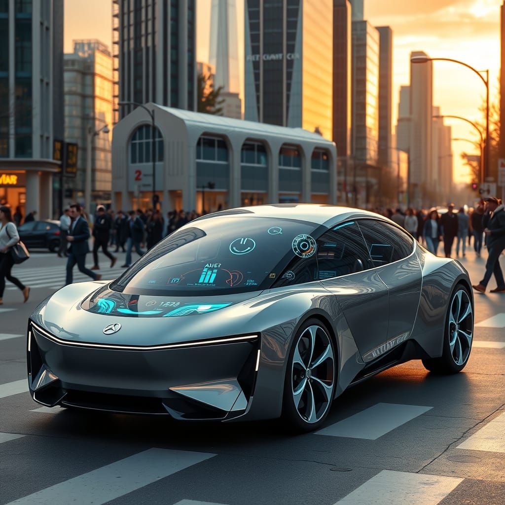 Futuristic Autonomous Car in Urban Sunset