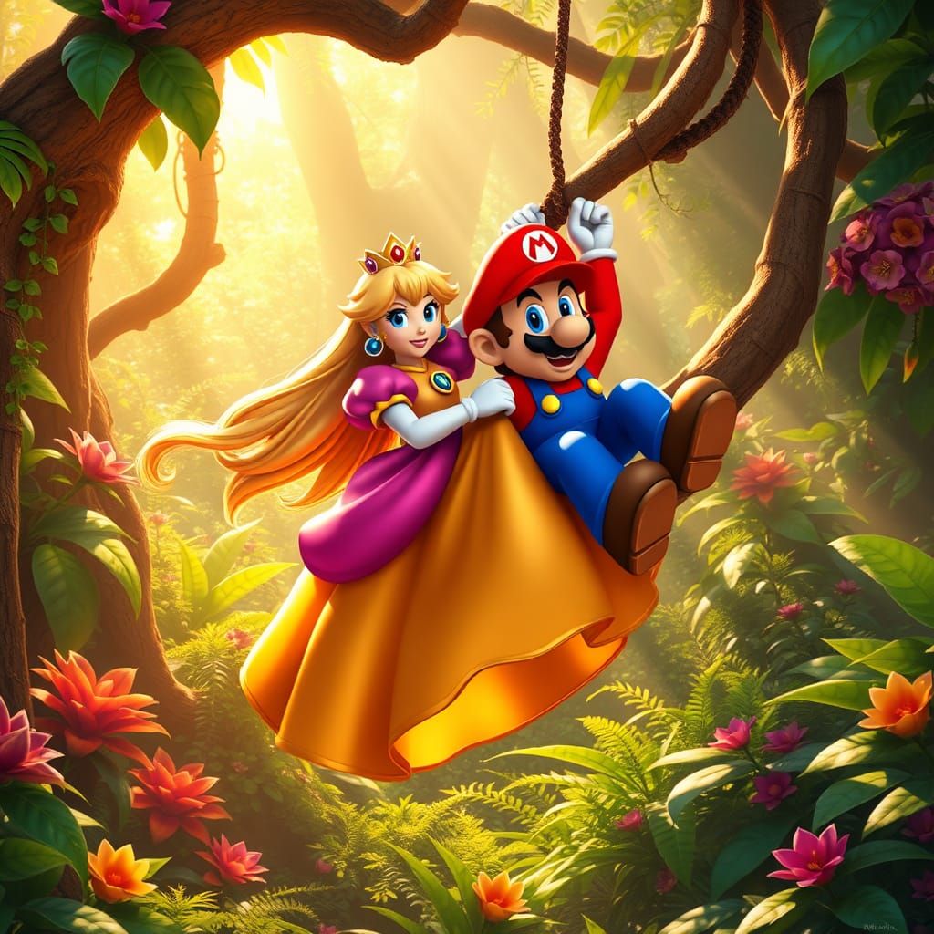 Princess peach swinging through the jungle on a vine with Mario