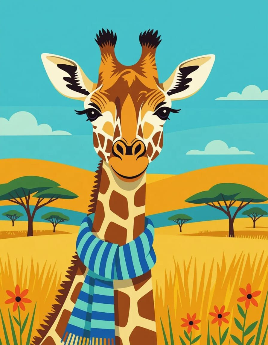 Giraffe in Zebra Scarf, Charley Harper Style